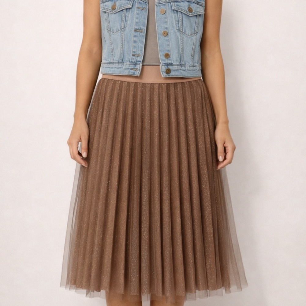 Metro Wear NWT Shimmer Pleated Midi Skirt Champagne Gold Layered Tulle Size L
